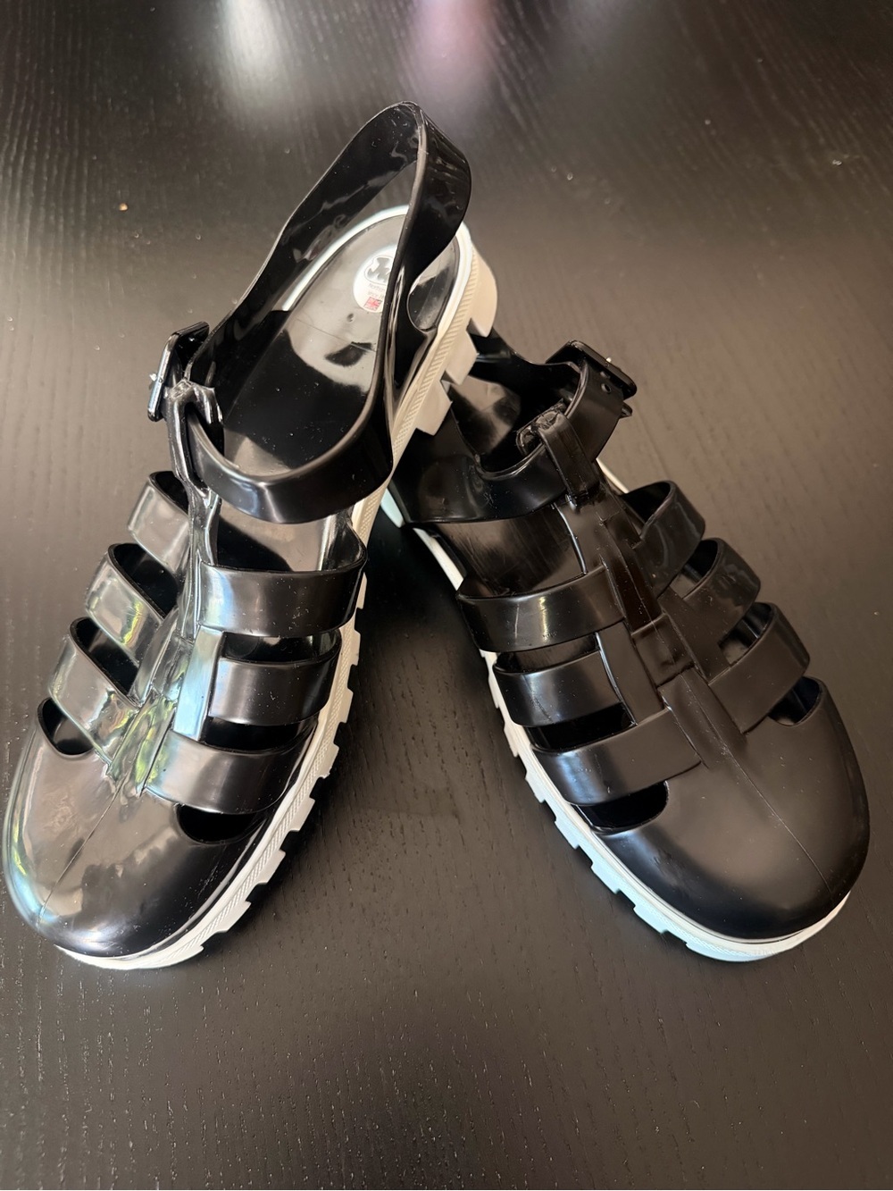 JuJu Black Glossy Jelly Fisherman Sandals with White Sole